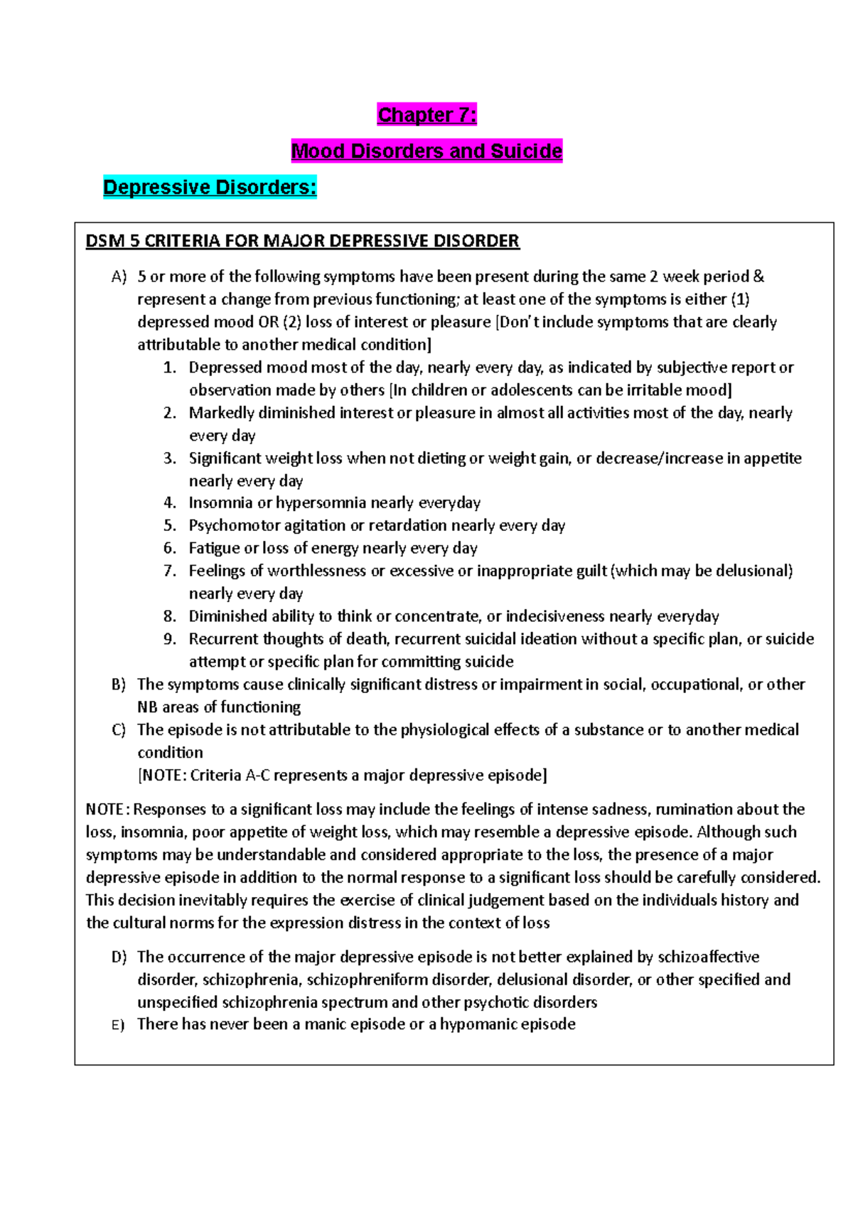 Chapter 7 Abnormal psychology - Chapter 7: Mood Disorders and Suicide ...
