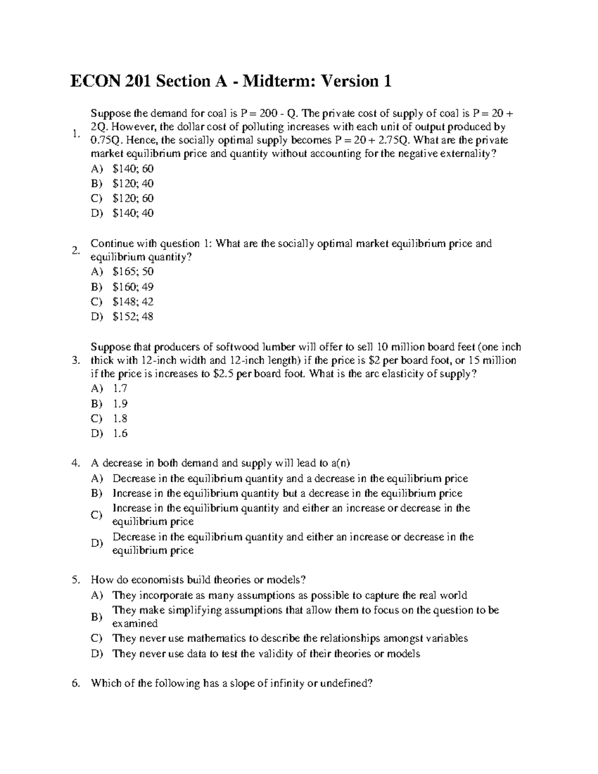 Midterm-version-1-answers - ECON 201 Section A - Midterm: Version 1 1 ...