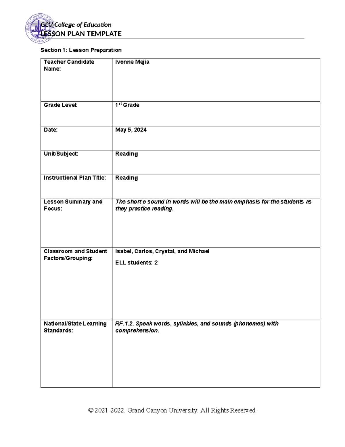 ELM315 Clinical Field Experience D - LESSON PLAN TEMPLATE Section 1 ...