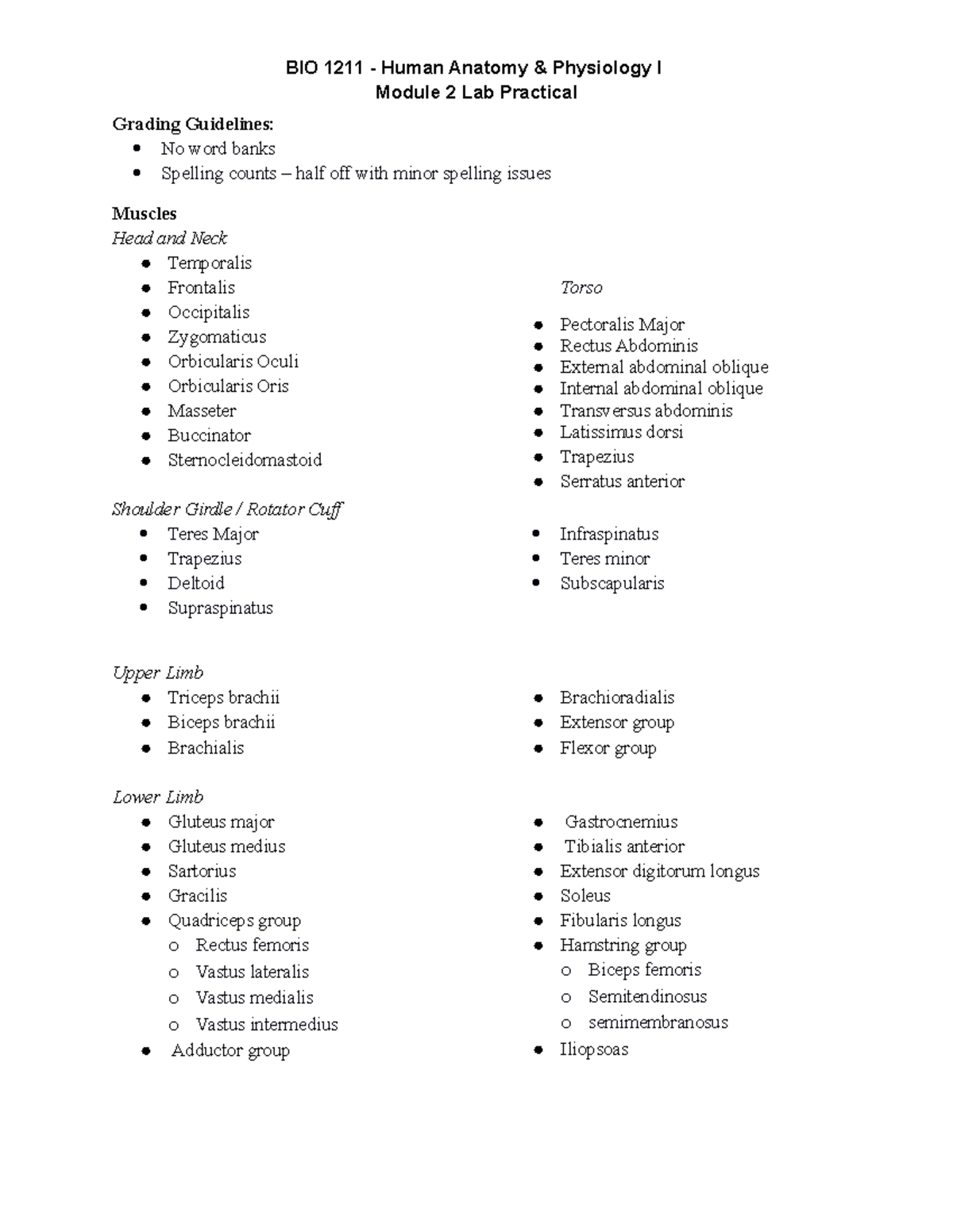 Practical 2 Study guide BIO 1211 Human Anatomy & Physiology I