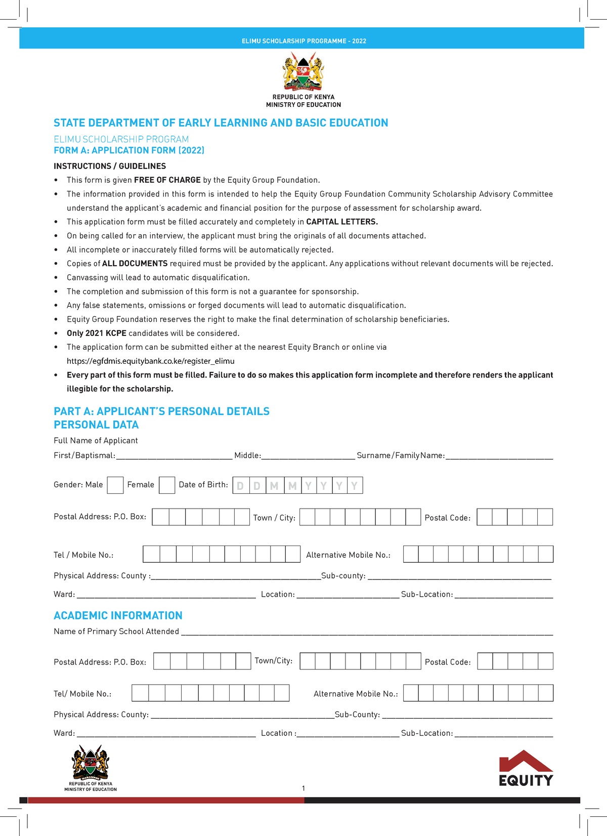 Elimu Scholarship Program FORM April 2022 - ####### REPUBLIC OF KENYA ...