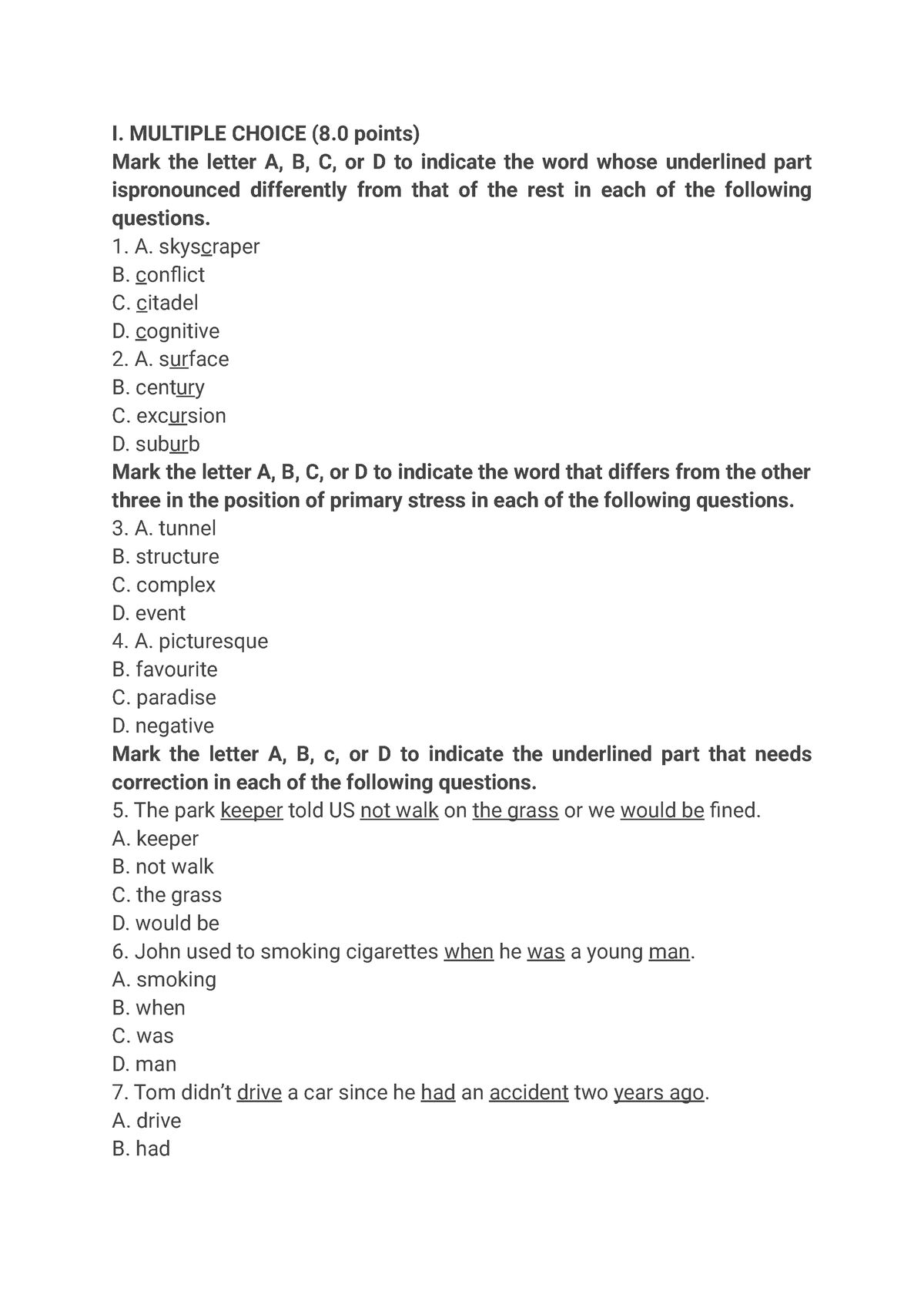 Đề Số 25 - đề 25 - I. MULTIPLE CHOICE (8 Points) Mark The Letter A, B ...