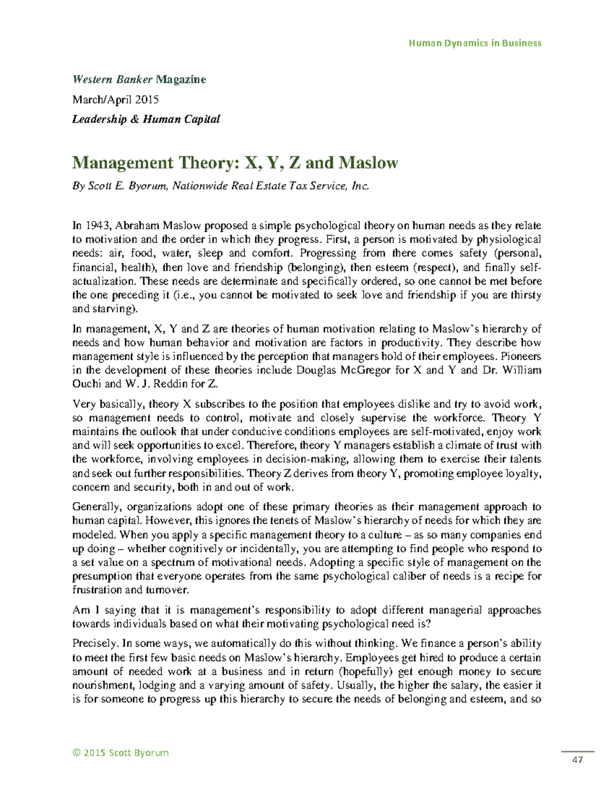 Management+Theory+ +X Y Z Maslow - Human Dynamics in Business © 2015 ...