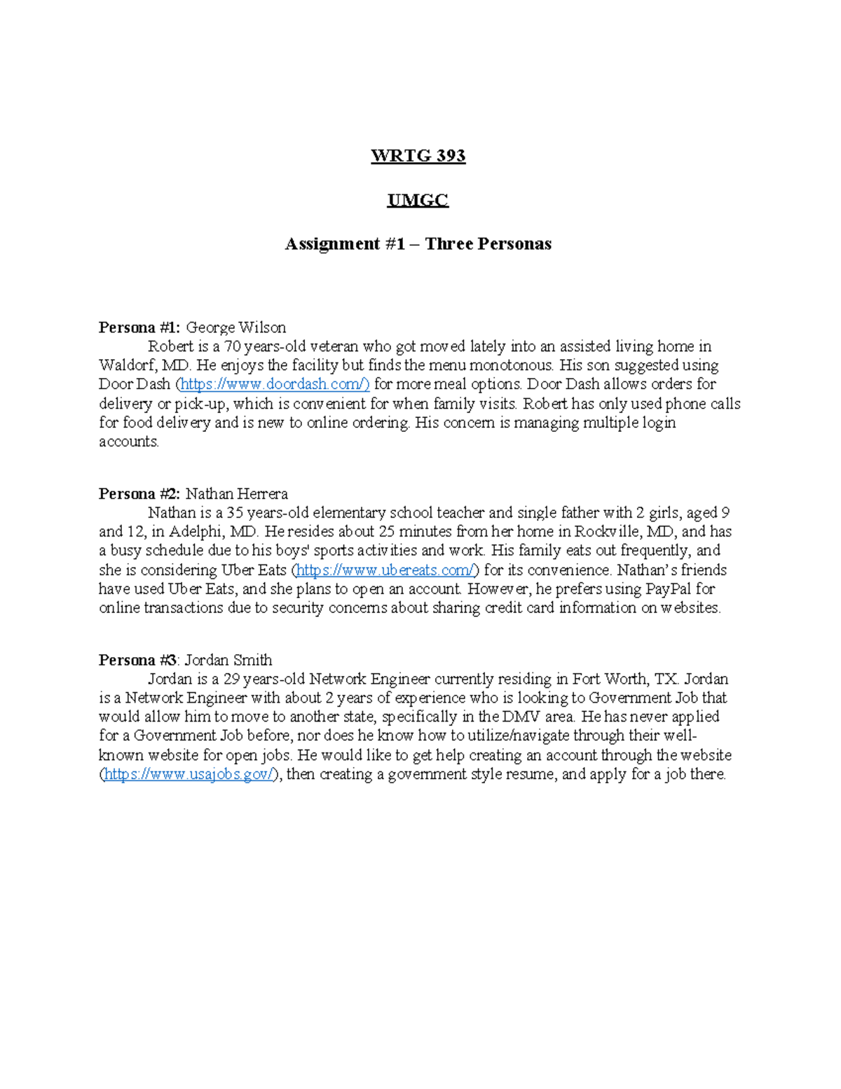 Assignment 1 – Three Personas - WRTG 393 UMGC Assignment #1 – Three ...