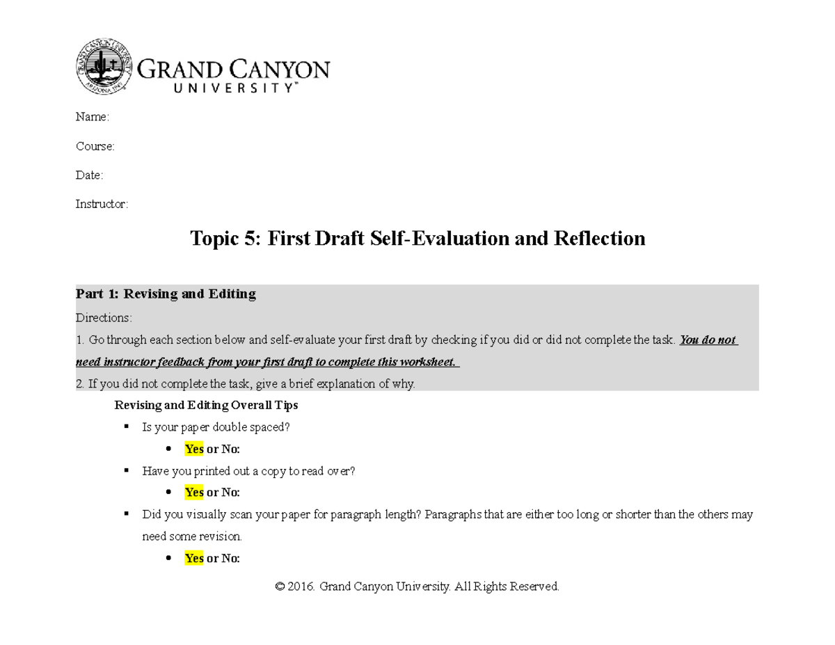 First Draft Self-Evaluation and Reflection - You do not need instructor ...