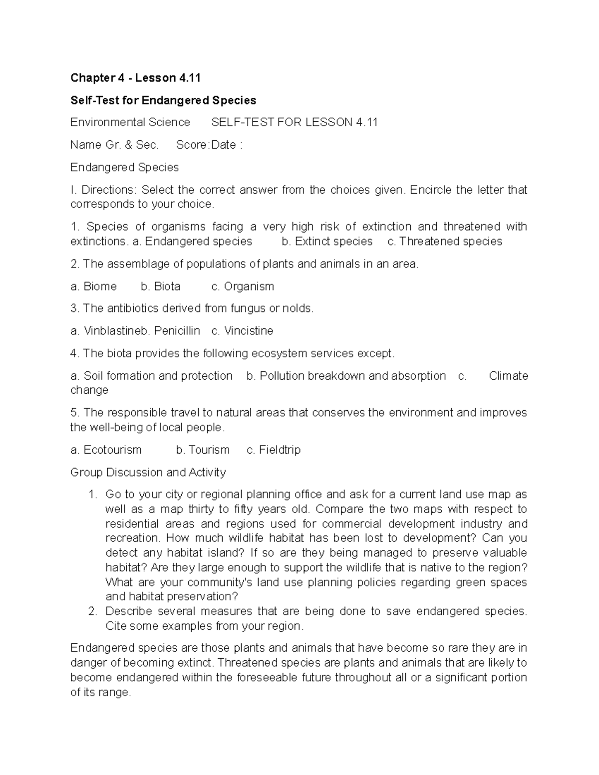 Self Test for Endangered Species - Chapter 4 - Lesson 4. Self-Test for ...