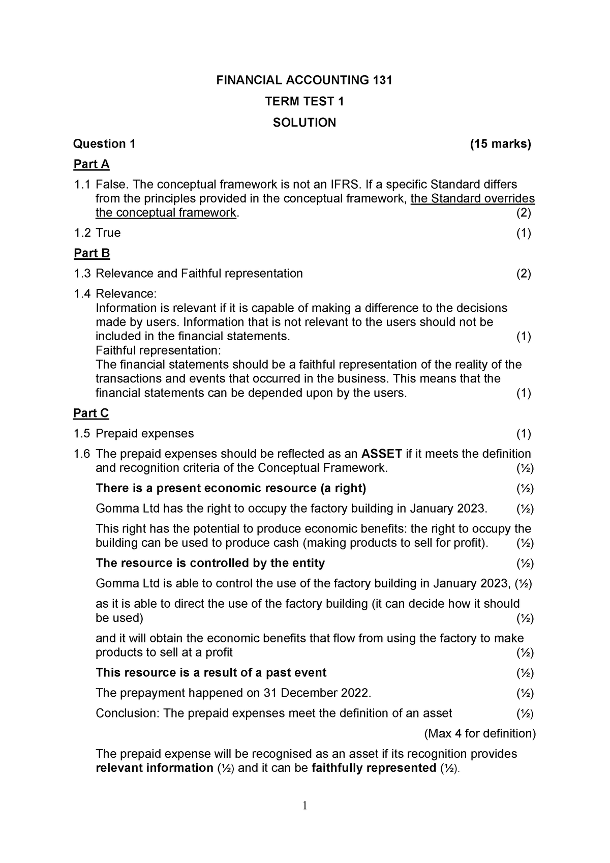 FIA131 2023 Term test 1 Solution - FINANCIAL ACCOUNTING 131 TERM TEST 1 ...