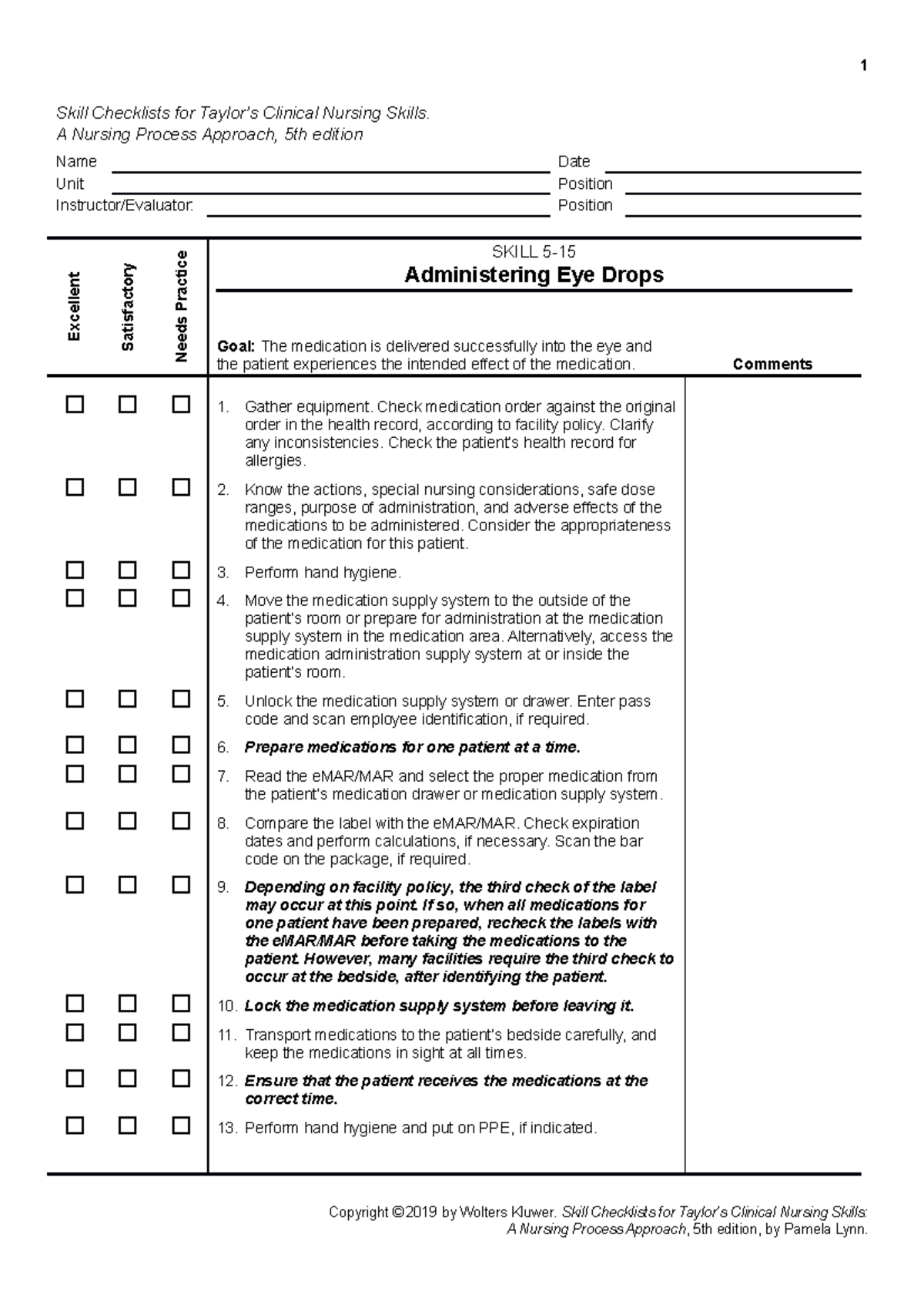 Skill 515 Administering Eye Drops 1 Skill Checklists for Taylor’s
