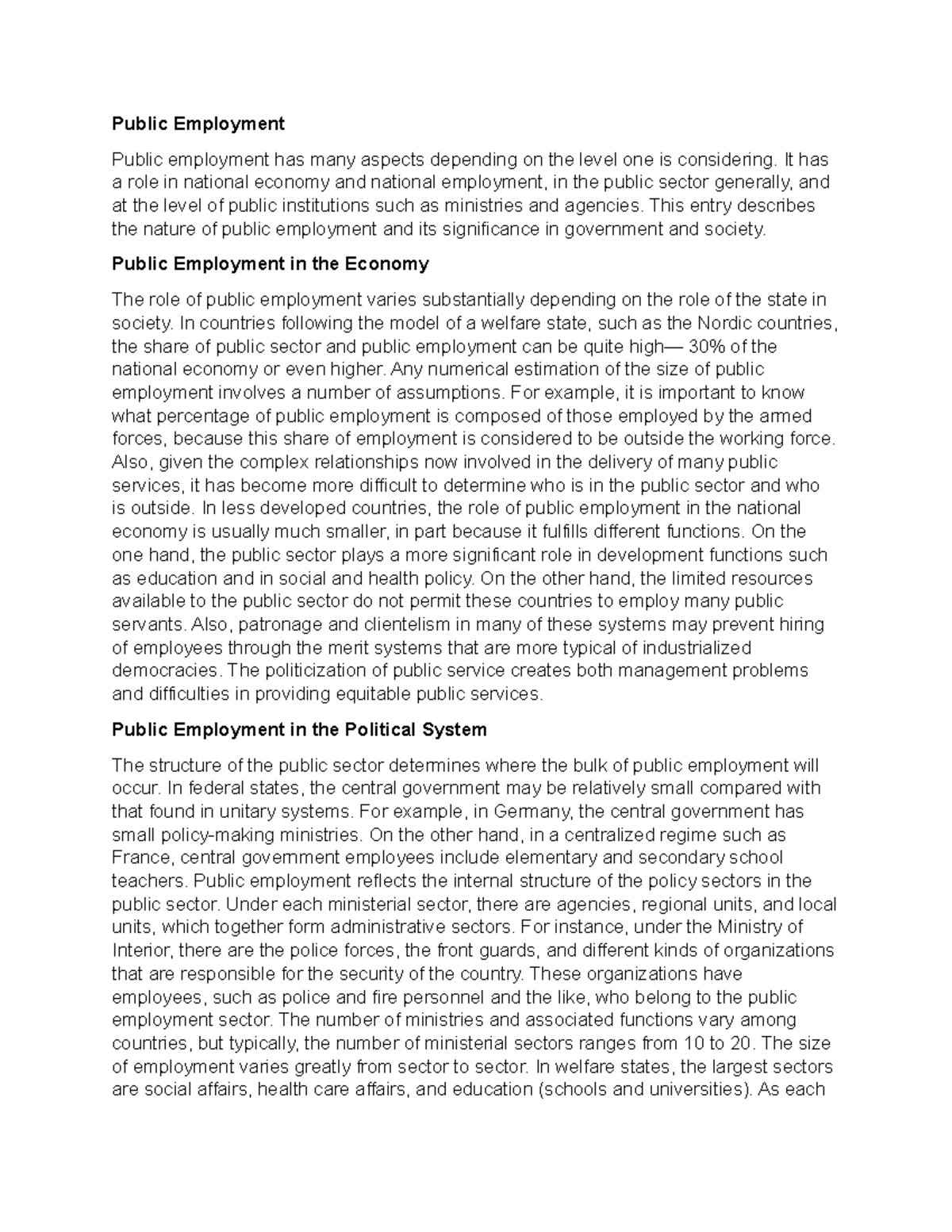 Public Employment Public Employment Public employment has many