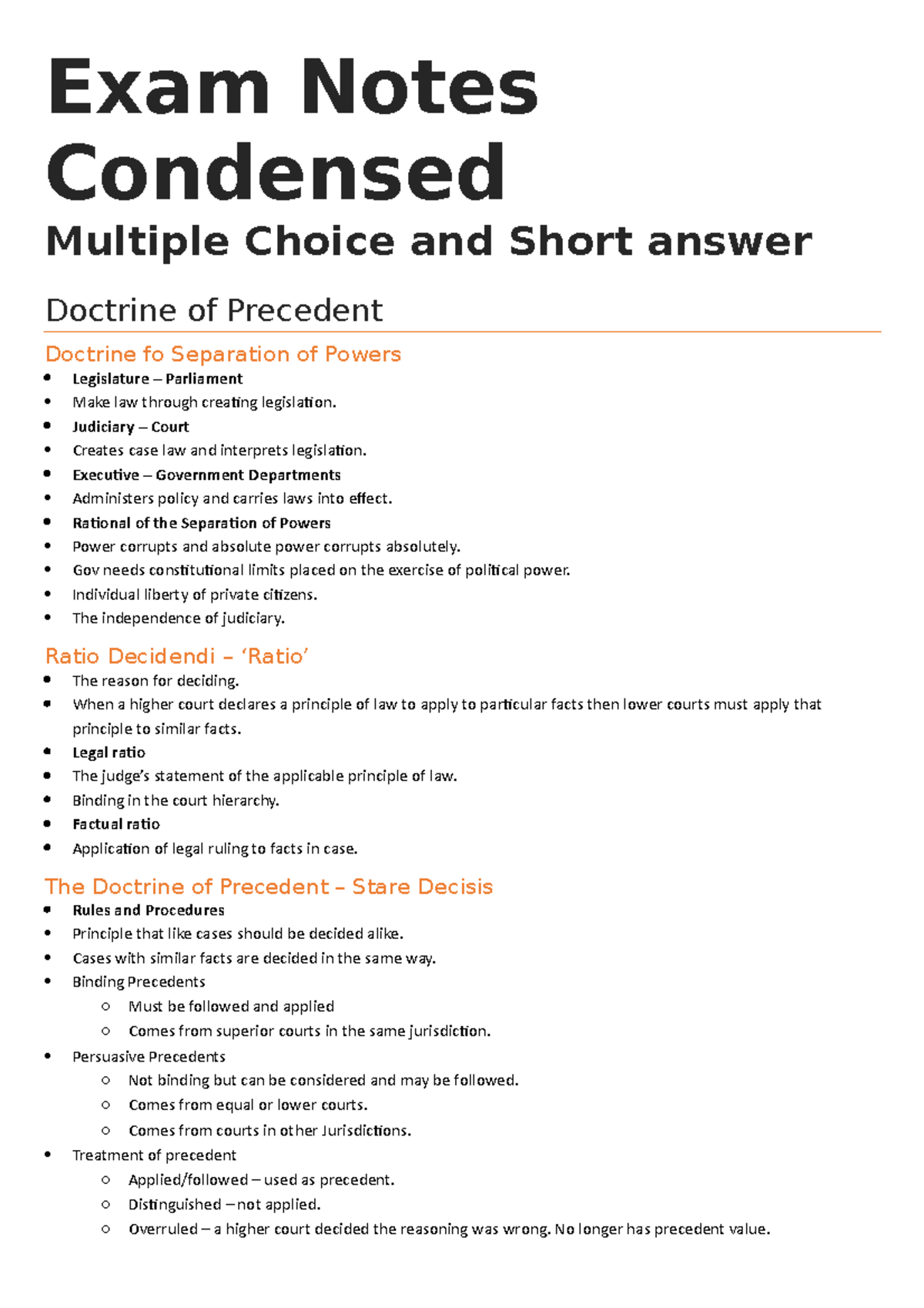 Full Exam Notes Exam Notes Condensed Multiple Choice and Short answer