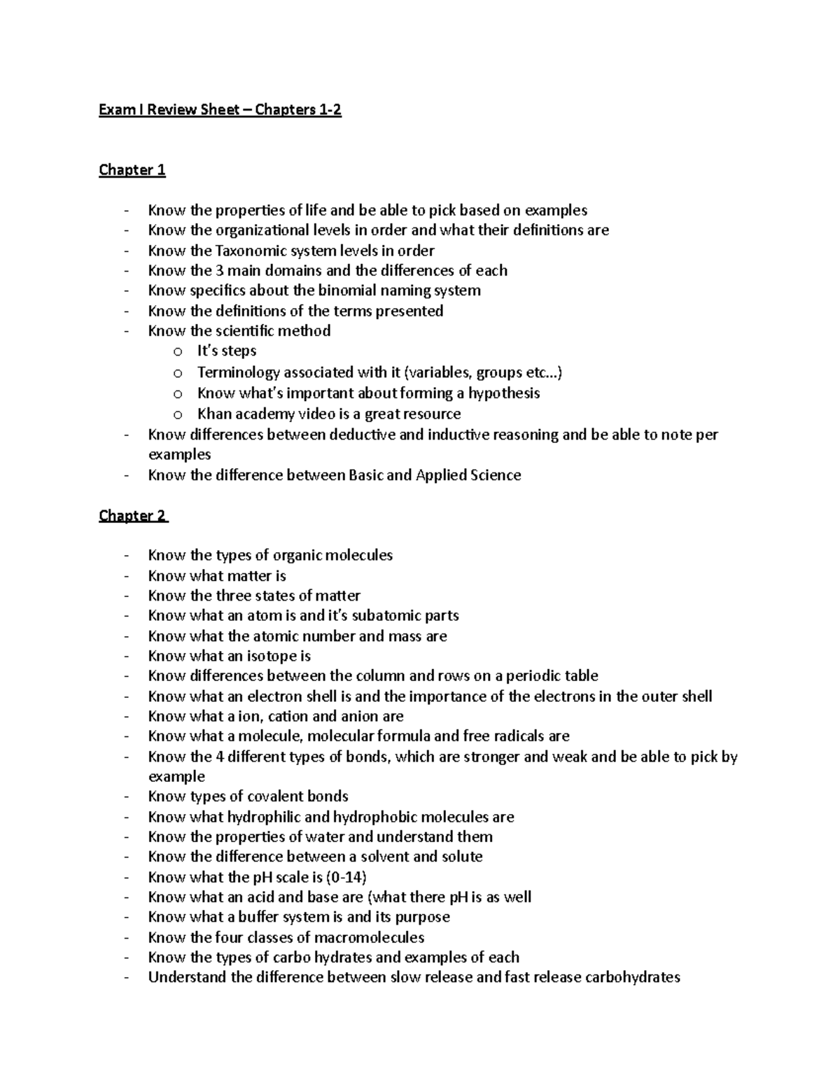 Intro To Bio Exam I Study Guide - Exam I Review Sheet – Chapters 1 ...