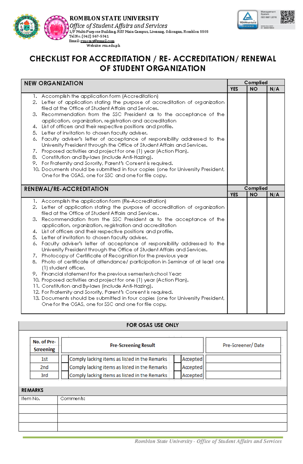 Checklist Requirements for Accreditation Re Accreditation of Student Organization ROMBLON