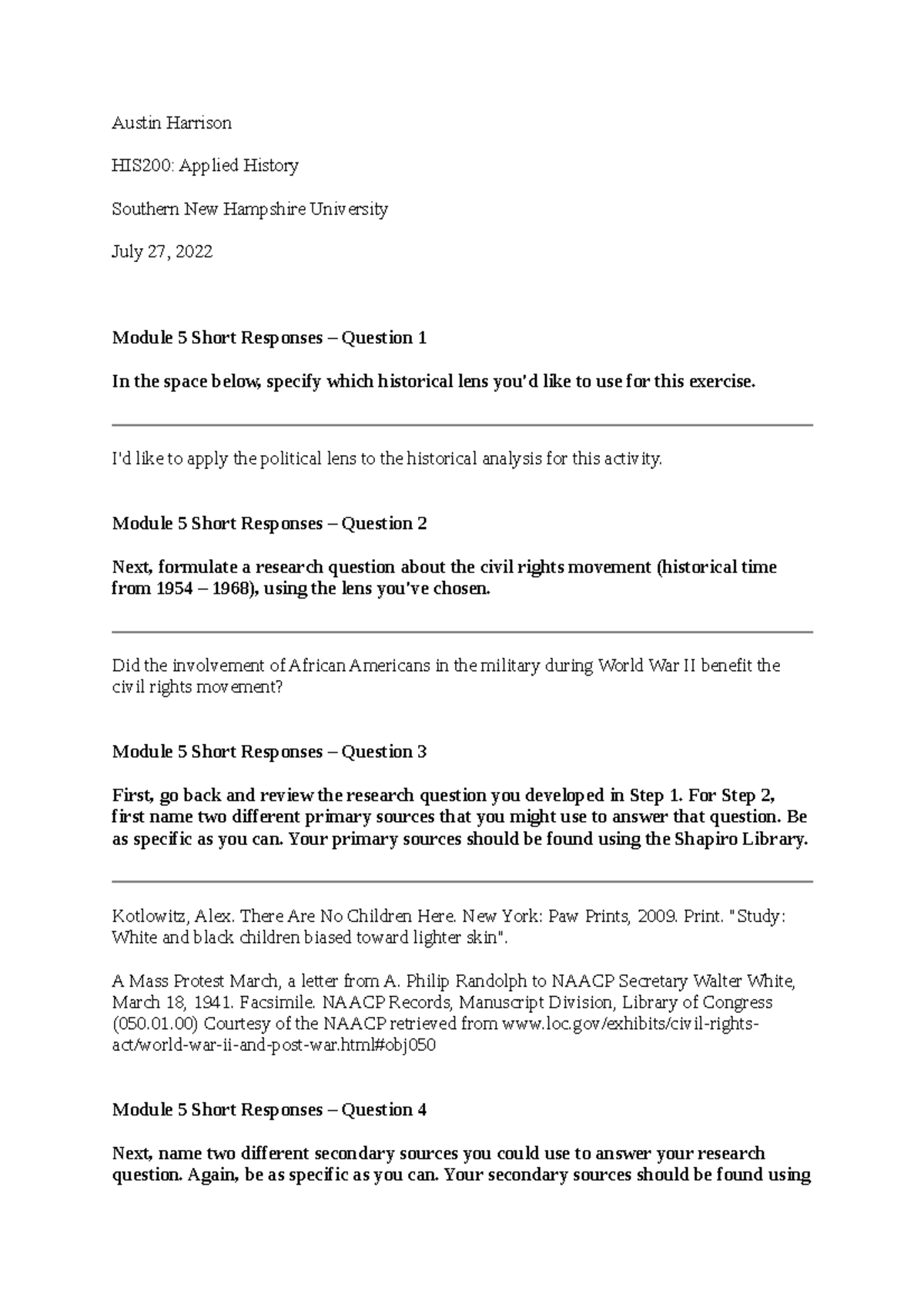 5-2 Module Five Short Responses - Austin Harrison HIS200: Applied ...