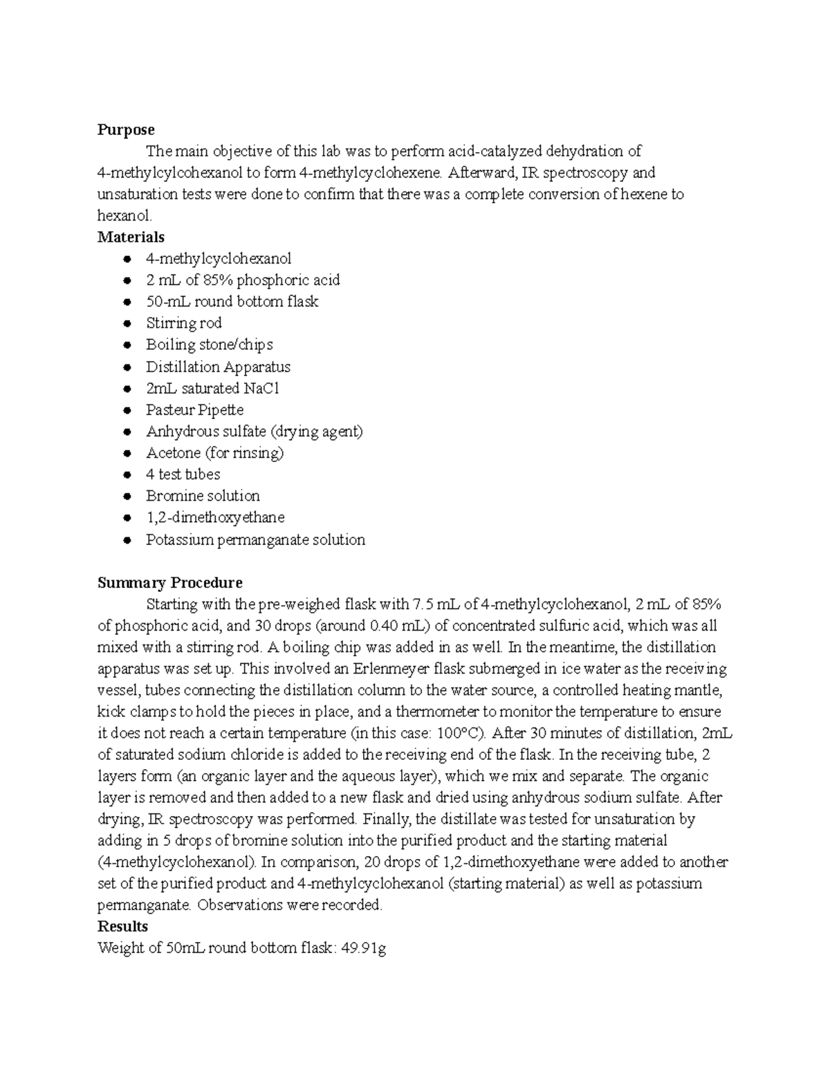 Orgo 1 Lab Report 7 - Purpose The Main Objective Of This Lab Was To ...