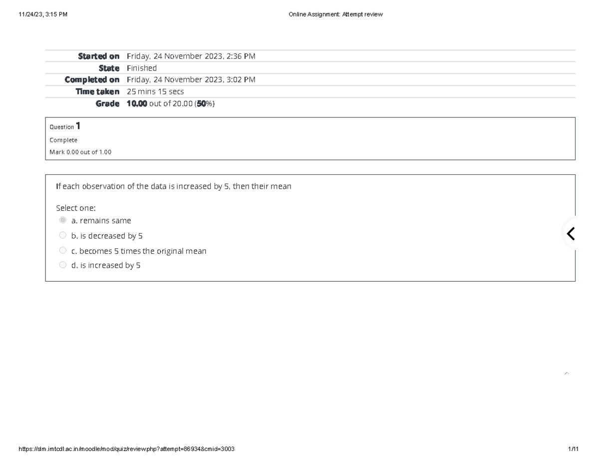 Online Assignment Attempt review - Started on Friday, 24 November 2023 ...