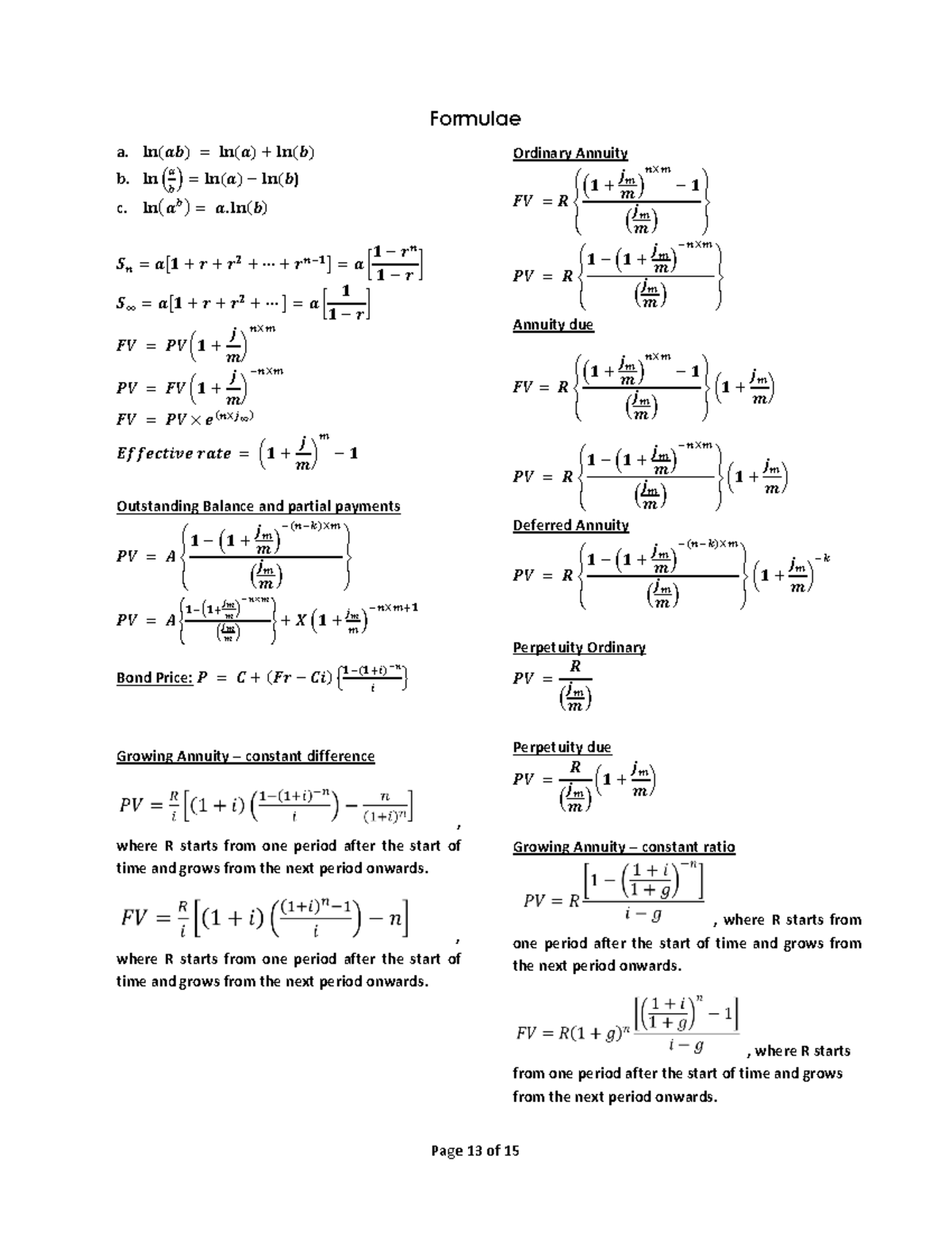 Formula Sheet - Page 13 Of 15 Formulae A. ܖܔ(࢈ࢇ) = ܖܔ(ࢇ) + ܖܔ(࢈) B. ܖܔ 