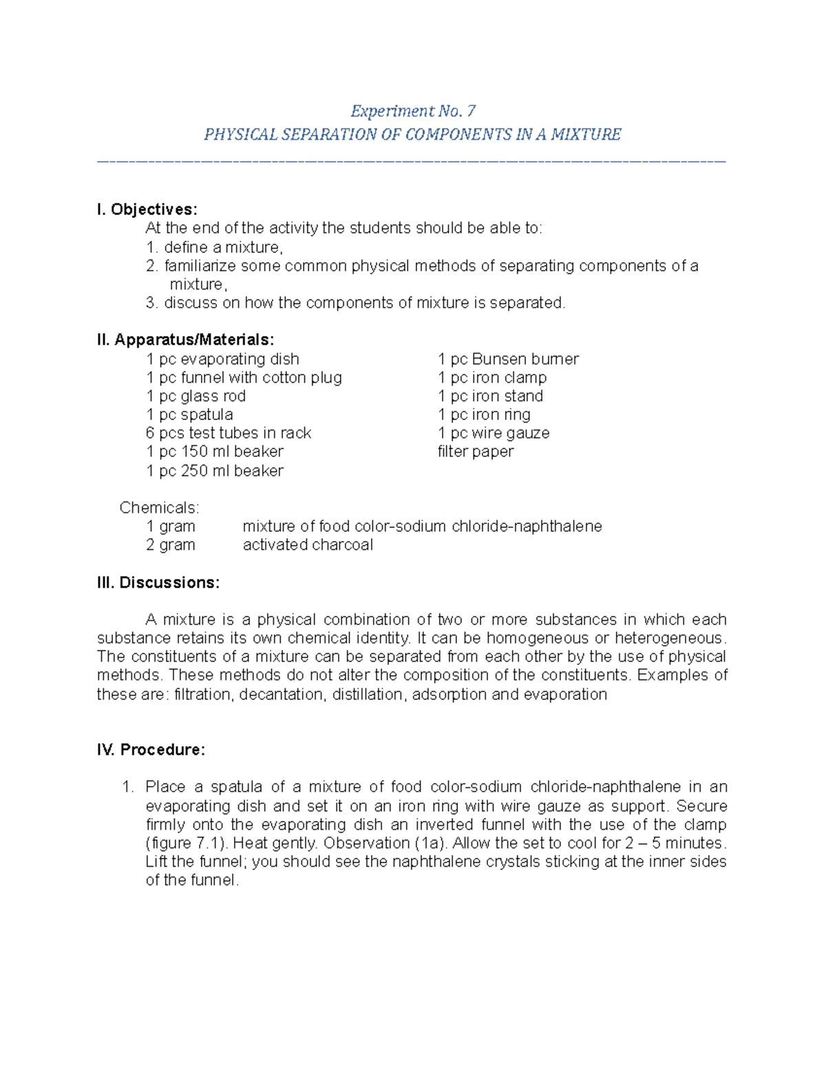 Experiment No 7 - Physical Separation Of Components Of A Mixture ...