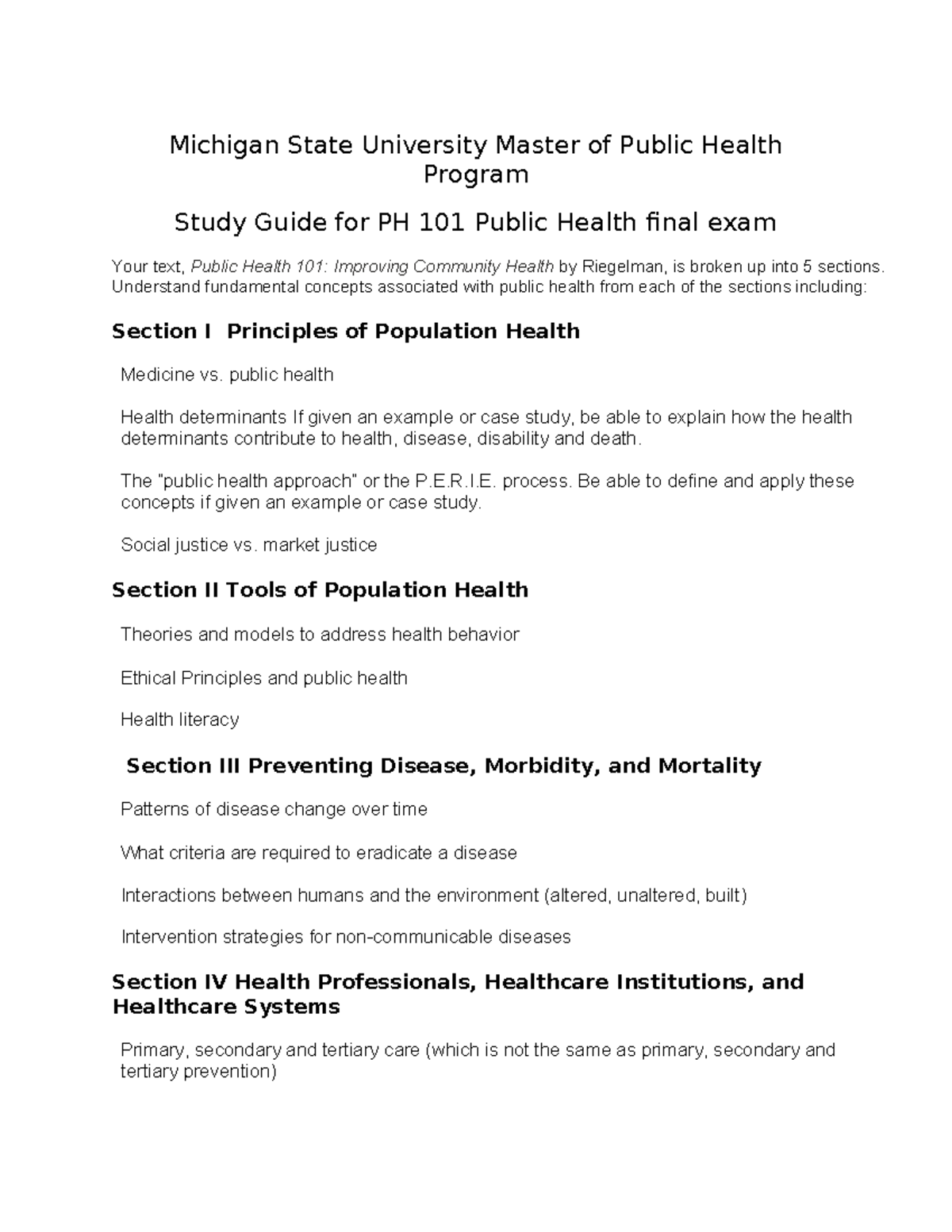 PH 101 study guide ss231 - Michigan State University Master of Public ...