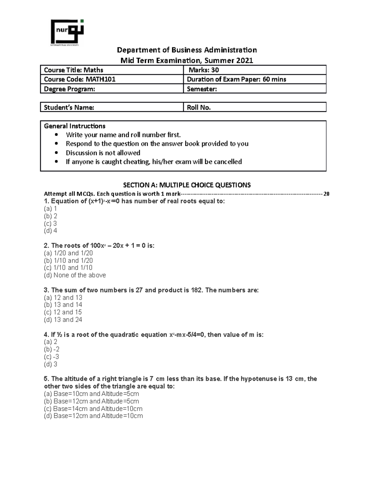 Midterm Paper MATH 101 MATH - Department Of Business Administration Mid ...