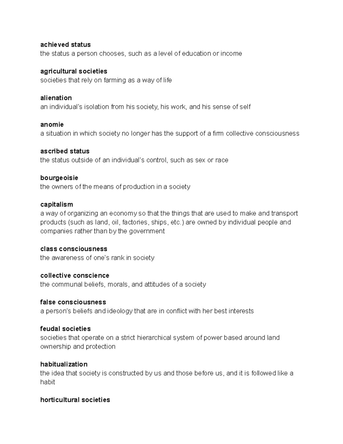 Chpater 46 Terms And Definitions achieved status the status a person