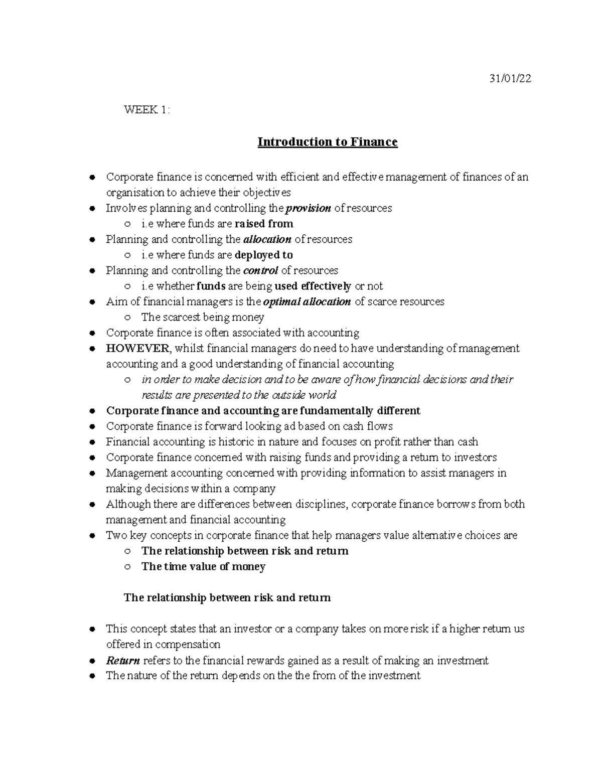 Introduction to management & finance sem 2 - 31/01/ WEEK 1 ...