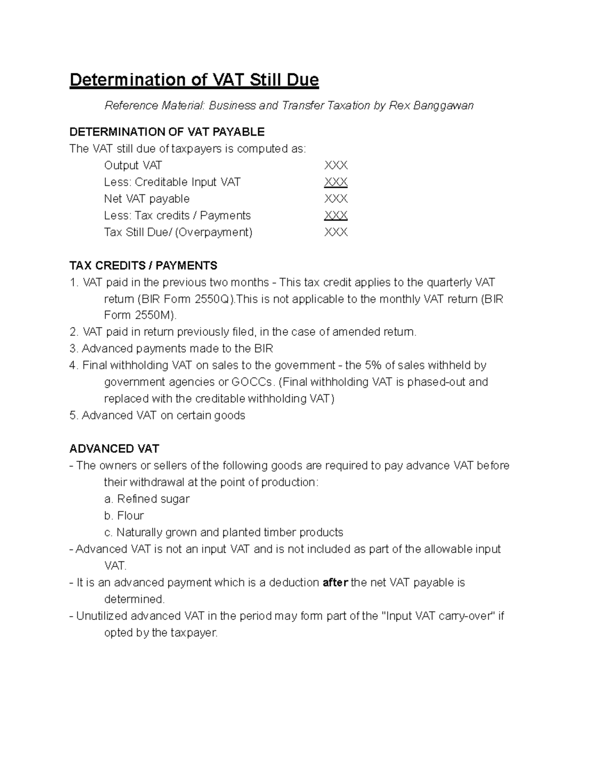 Determination of VAT Still Due Determination of VAT Still Due Reference Material Business and