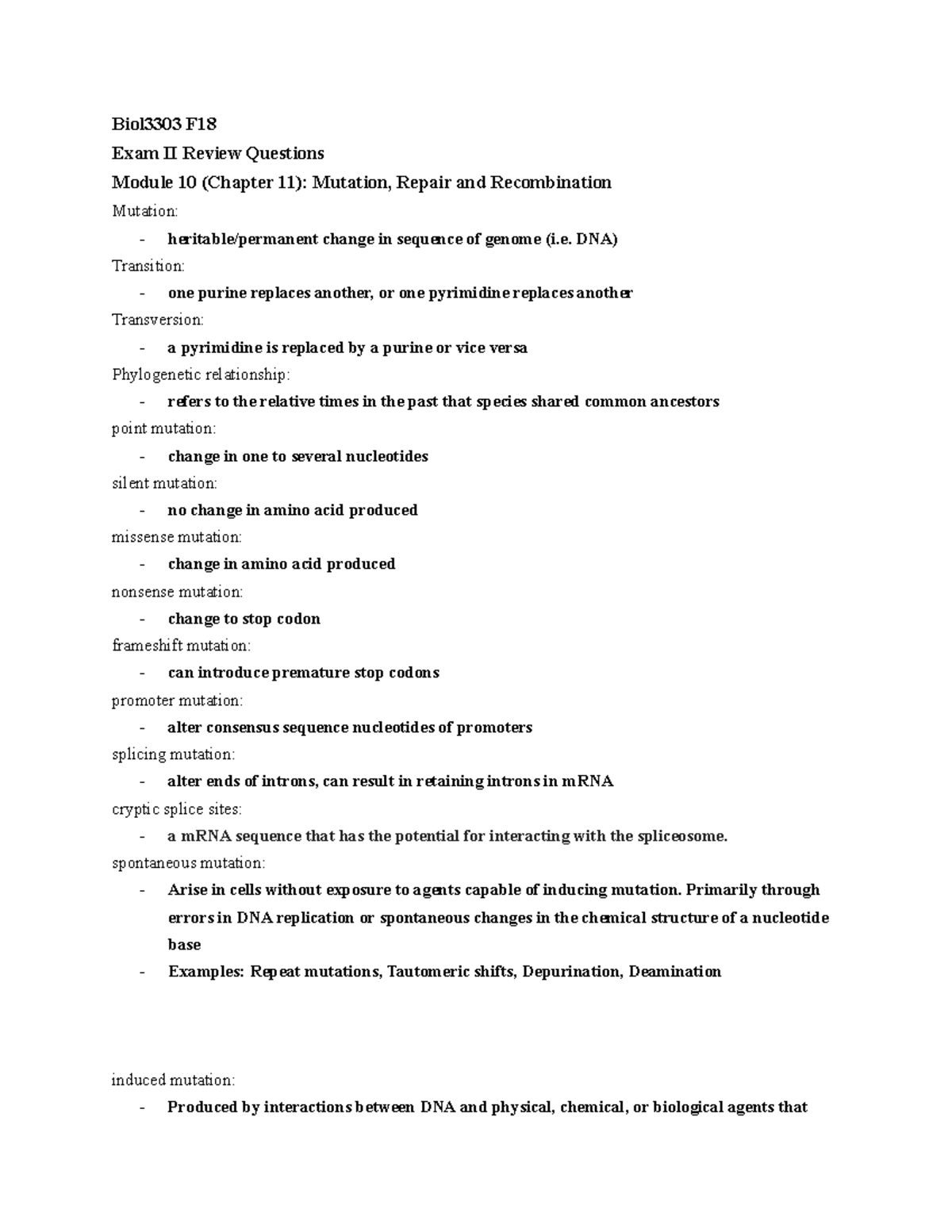 Notes Exam 3 Genetics F18 - Biol3303 F Exam II Review Questions Module ...