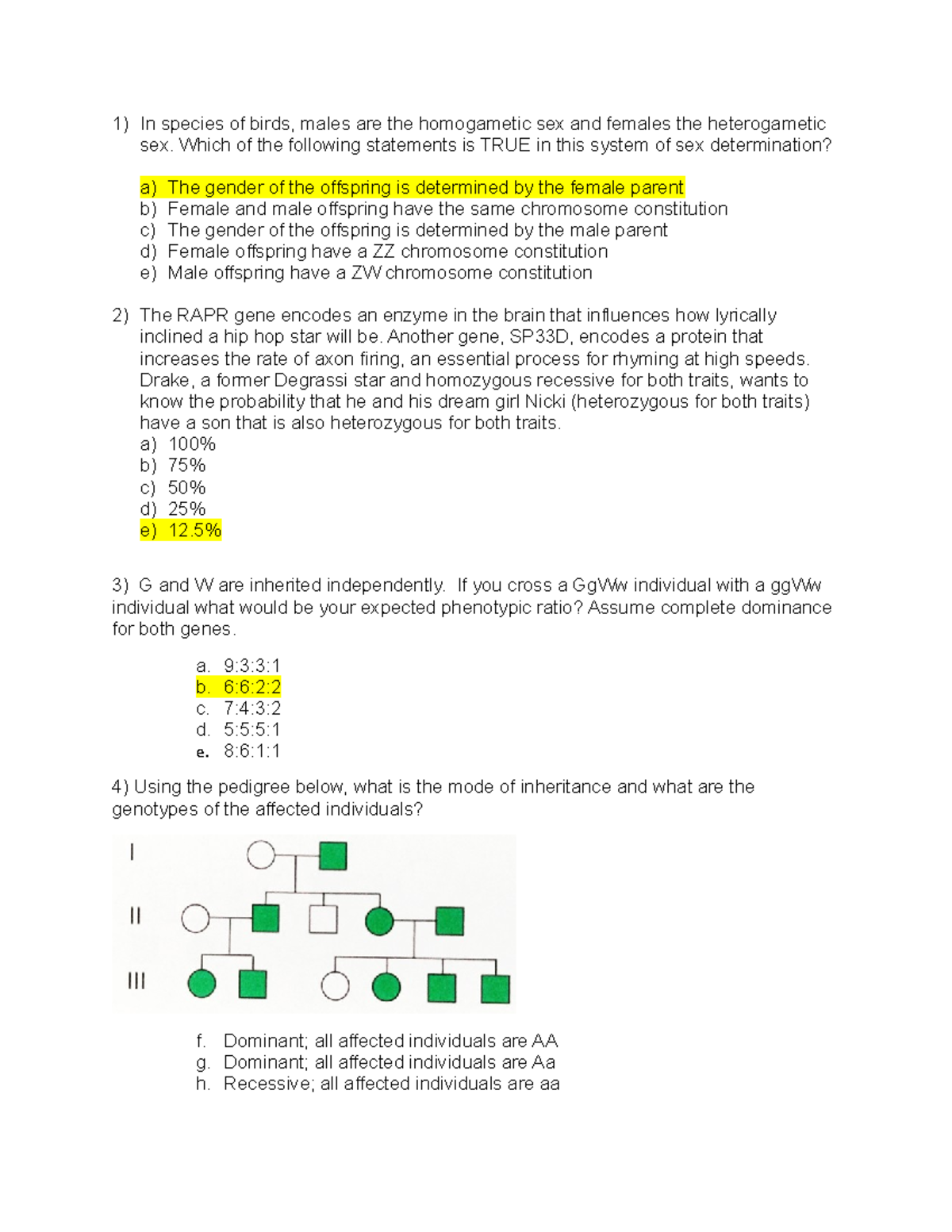 Mock Midterm 1 Key In Species Of Birds Males Are The Homogametic