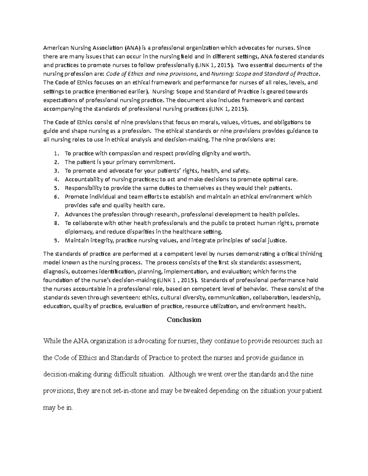 Intro to nursing ANA standards - American Nursing Association (ANA) is ...