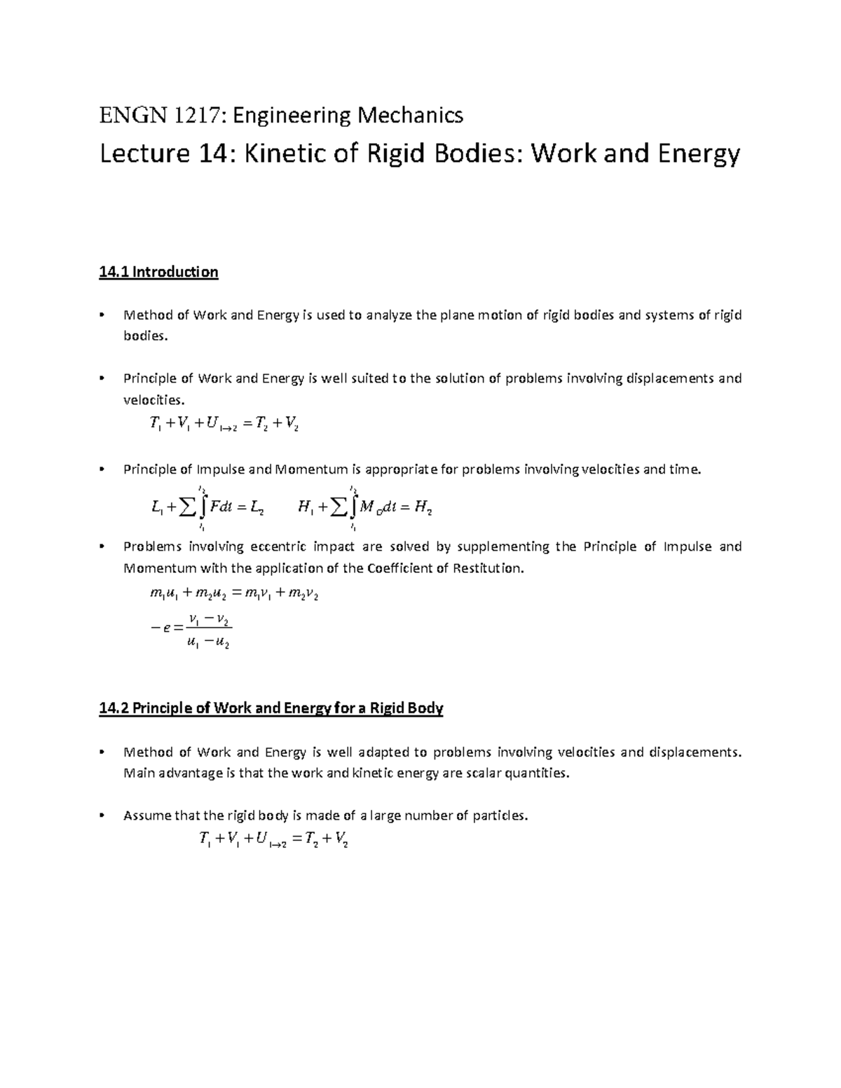 Kinetic Of Rigid Body Work And Energy Summary Revsision ENGN 1217 kinetic-of-rigid-body-work-and-energy-summary-revsision-engn-1217