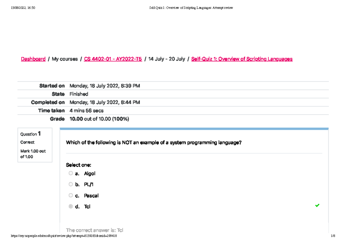 Unit 5 Quiz CS 4402 - Unit 5 Self Quiz CS 4402 - 13/08/2022, 16:50 Self ...