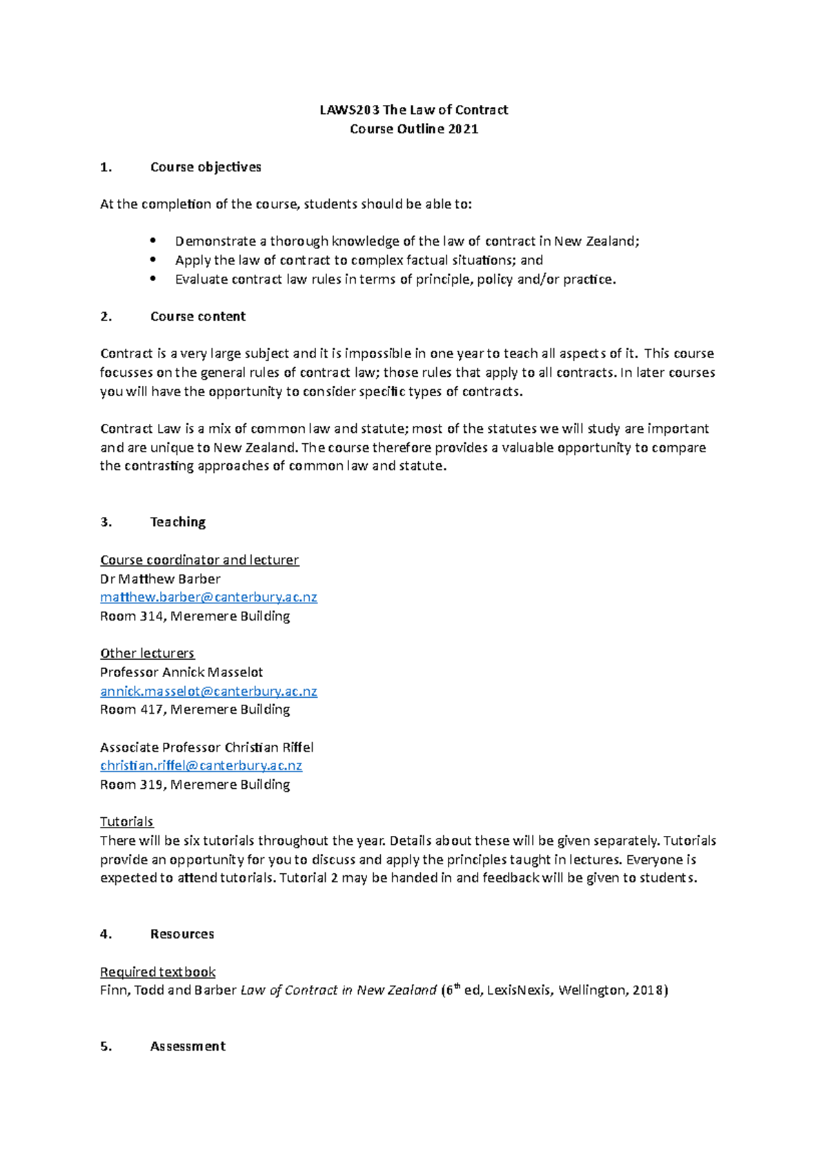 LAWS203 Course outline 2021 - LAWS203 The Law of ContractCourse Outline ...