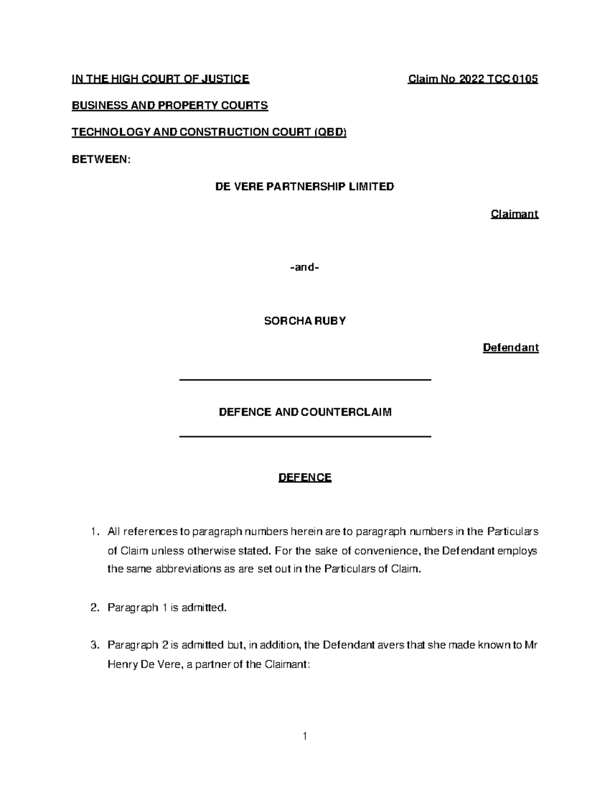 Formatives samples - sample - IN THE HIGH COURT OF JUSTICE Claim No ...