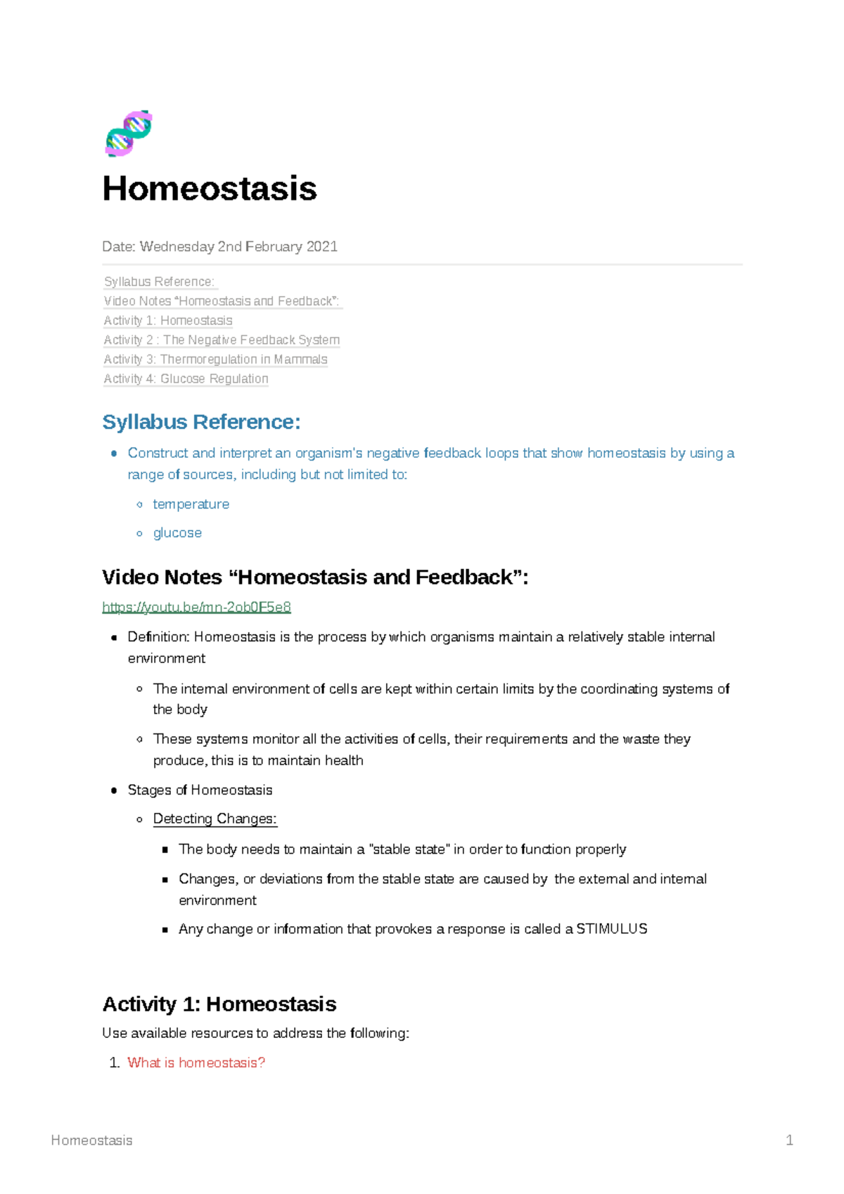 Homeostasis - What is homeostasis? Syllabus Reference: Video Notes ...