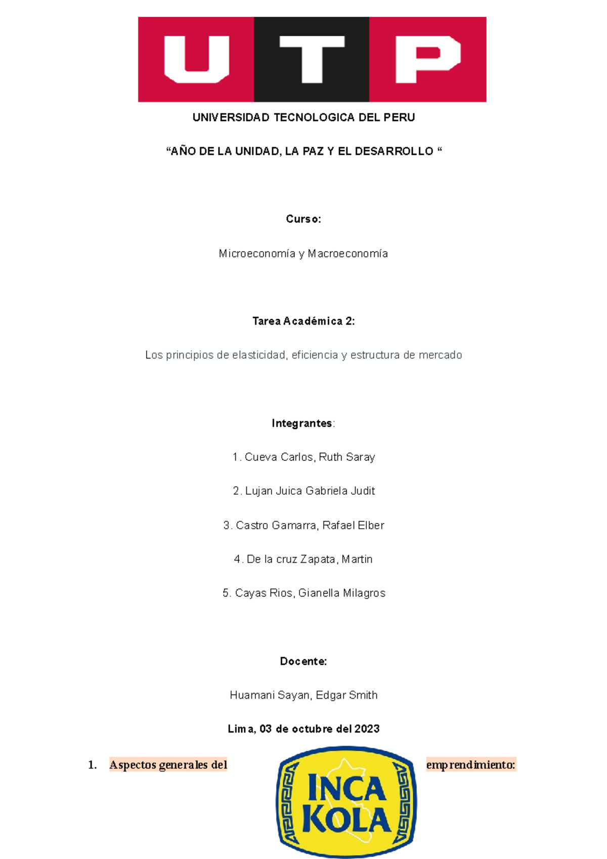 Tarea Academica 2 - TA 2 - UNIVERSIDAD TECNOLOGICA DEL PERU “AÑO DE LA ...
