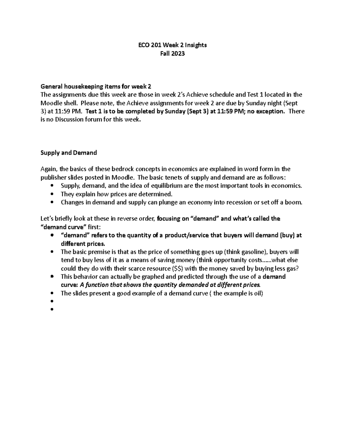 Week 2 Insights Dr. Fraser ECO 201 Week 2 Insights Fall 2023