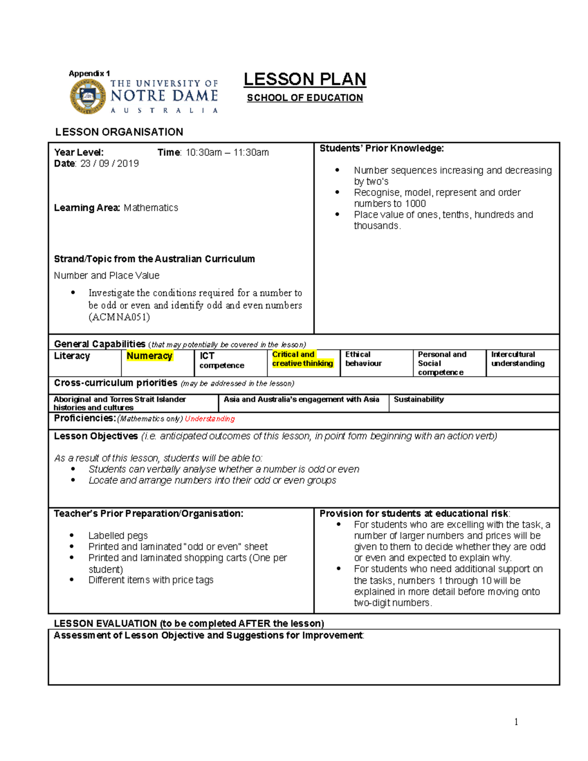 Lesson Plan - Odd and Even - Appendix 1 LESSON PLAN SCHOOL OF EDUCATION ...