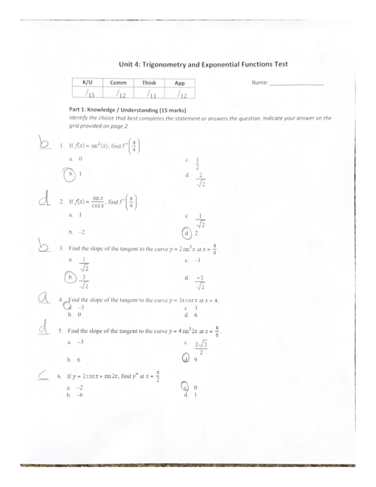 Unit 4 Trigonometry And Exponential Functions Test - Studocu