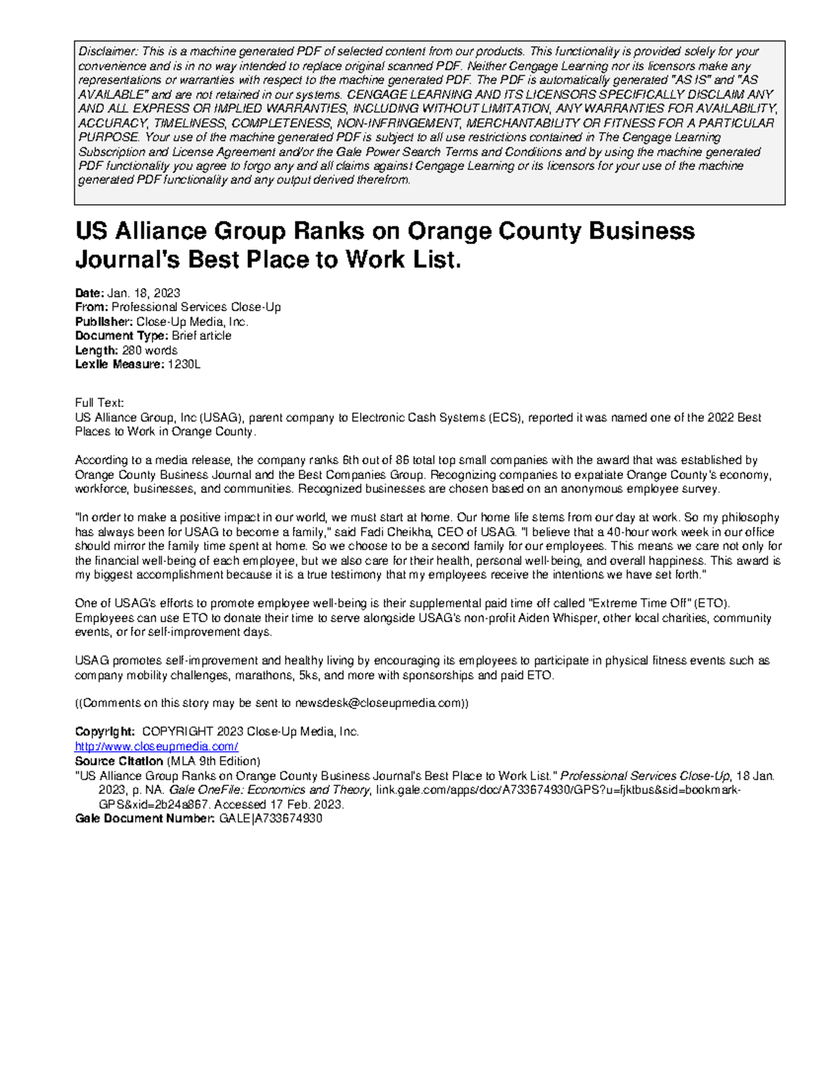 US Alliance Group Ranks on Orange County Business Journal's Best Place