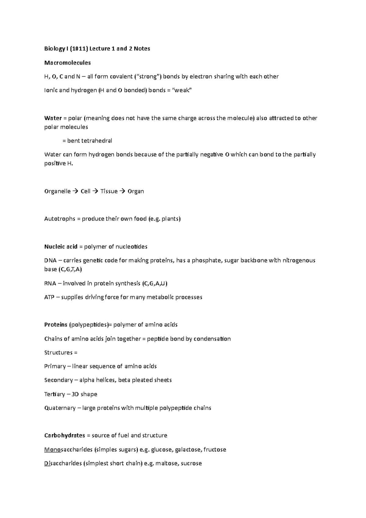 Biology I Lecture 1 and 2 Notes - Biology I (1011) Lecture 1 and 2 ...