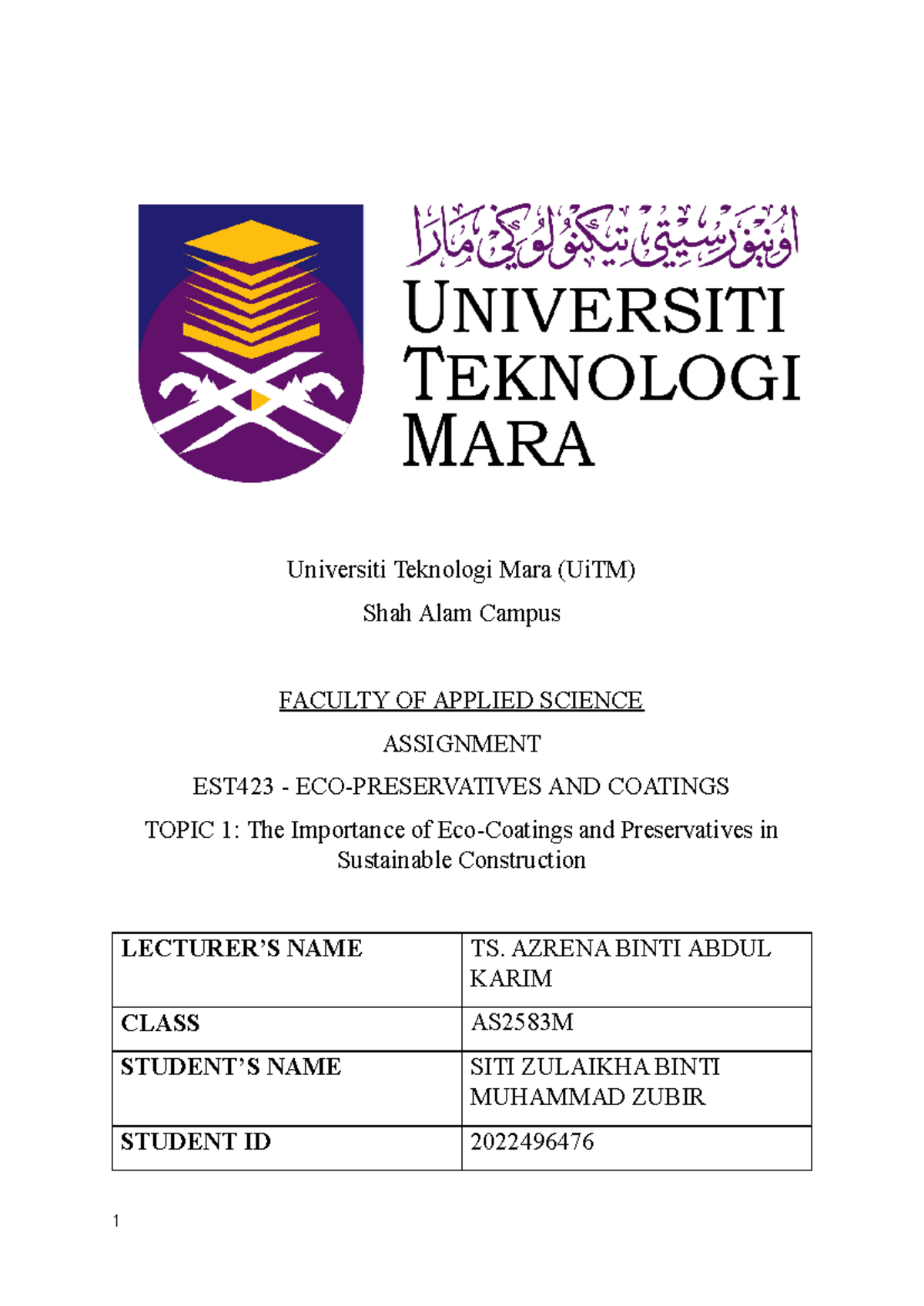 Assignment EST423 - Universiti Teknologi Mara (UiTM) Shah Alam Campus ...