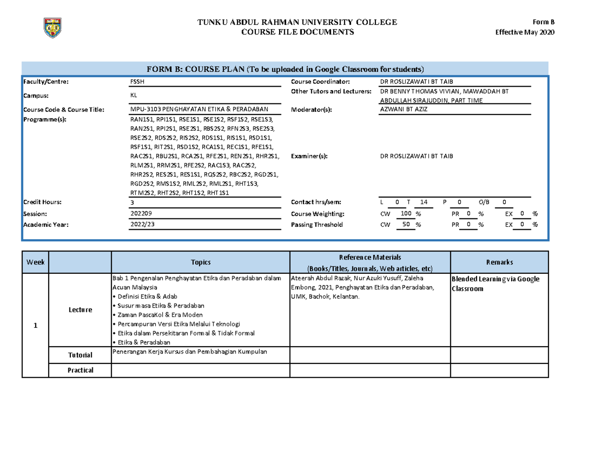 Form B MPU-3103-signed - TUNKU ABDUL RAHMAN UNIVERSITY COLLEGE COURSE ...