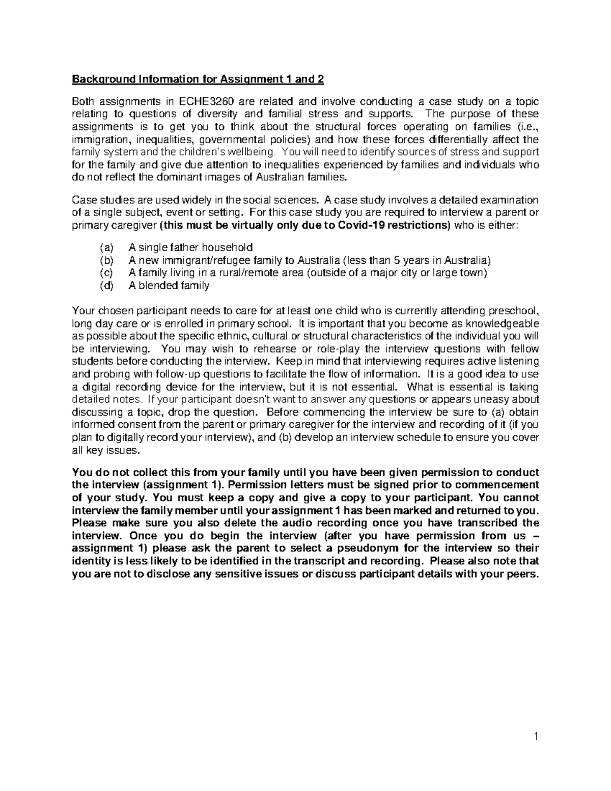 Information for assignment 1 and 2 - Background Information for ...