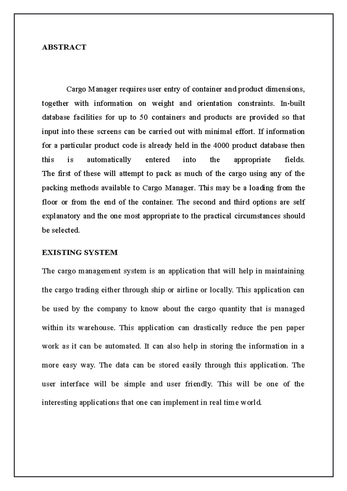 16.Cargo management system ABSTRACT Cargo Manager requires user entry