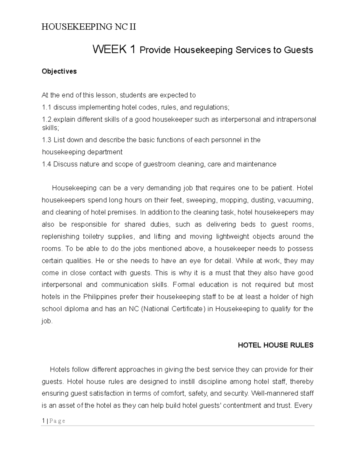 Week 1 Hotel Rulesmerged HOUSEKEEPING NC II 1 P a g e WEEK 1