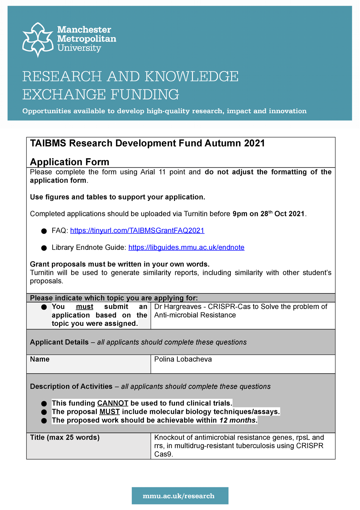 Grant Proposal TAIBMS Research Development Fund Autumn 2021