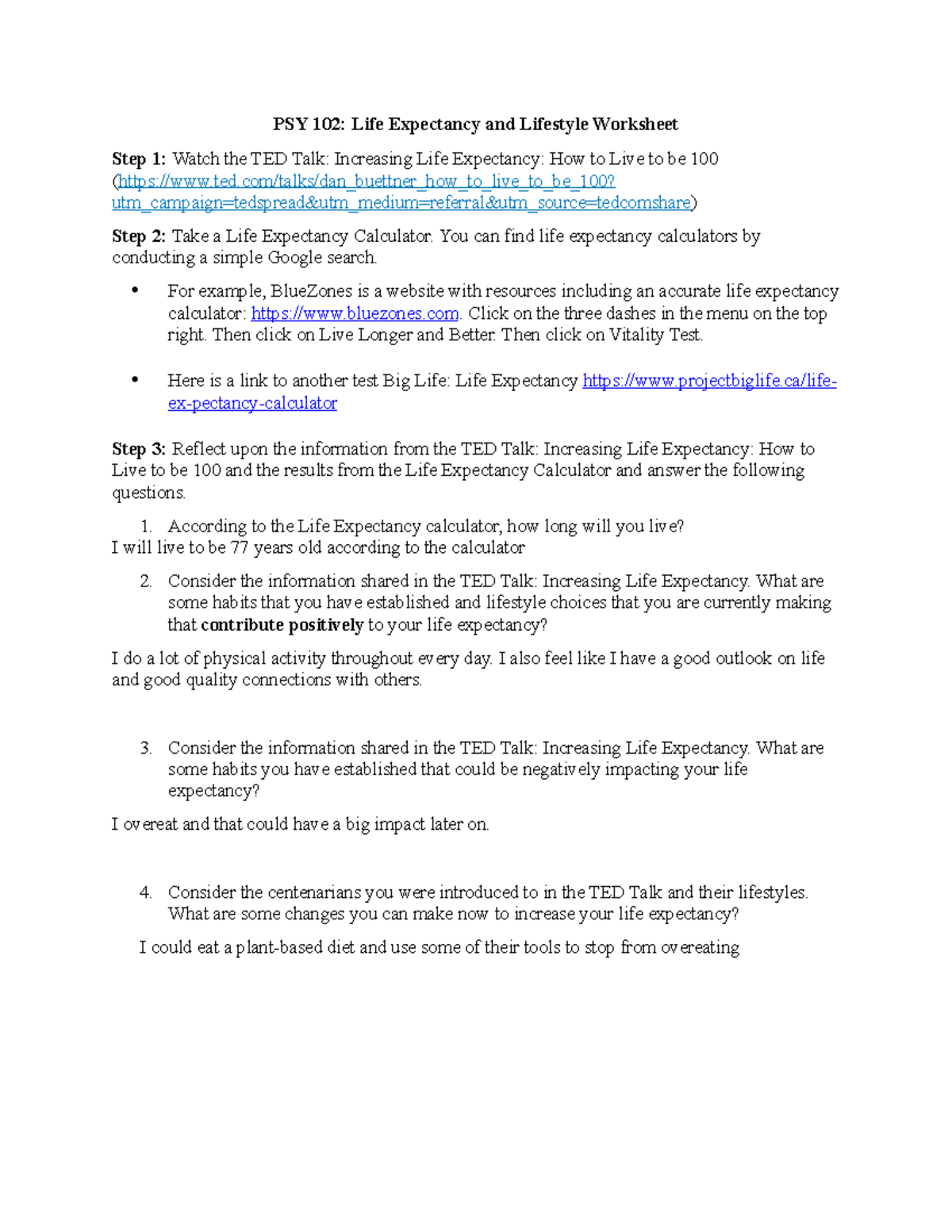 Life Expectancy Wkst 2 - life expect - PSY 102: Life Expectancy and ...