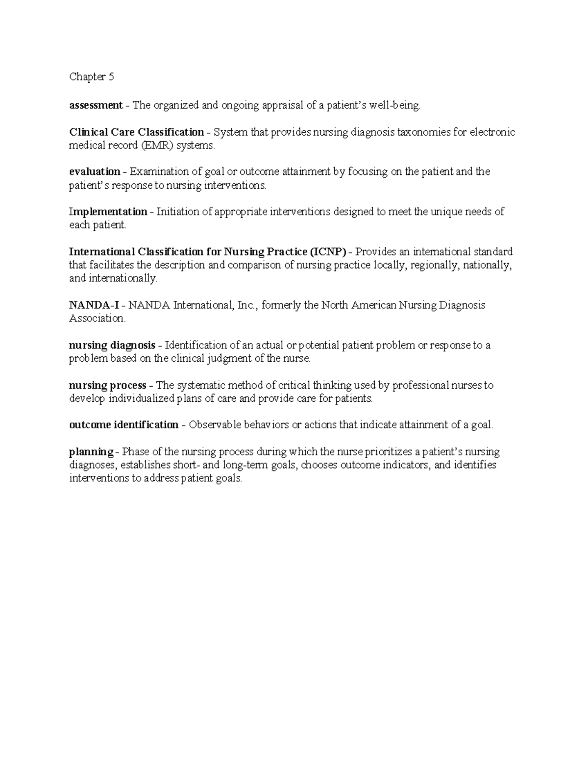 Chapter 5 Introduction to the Nursing Process - Chapter 5 assessment ...