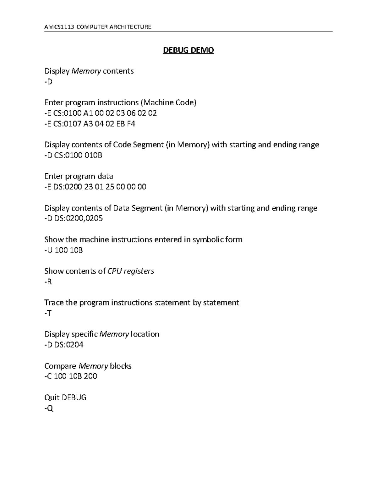 1. Debug DEMO - AMCS1113 COMPUTER ARCHITECTURE DEBUG DEMO Display ...