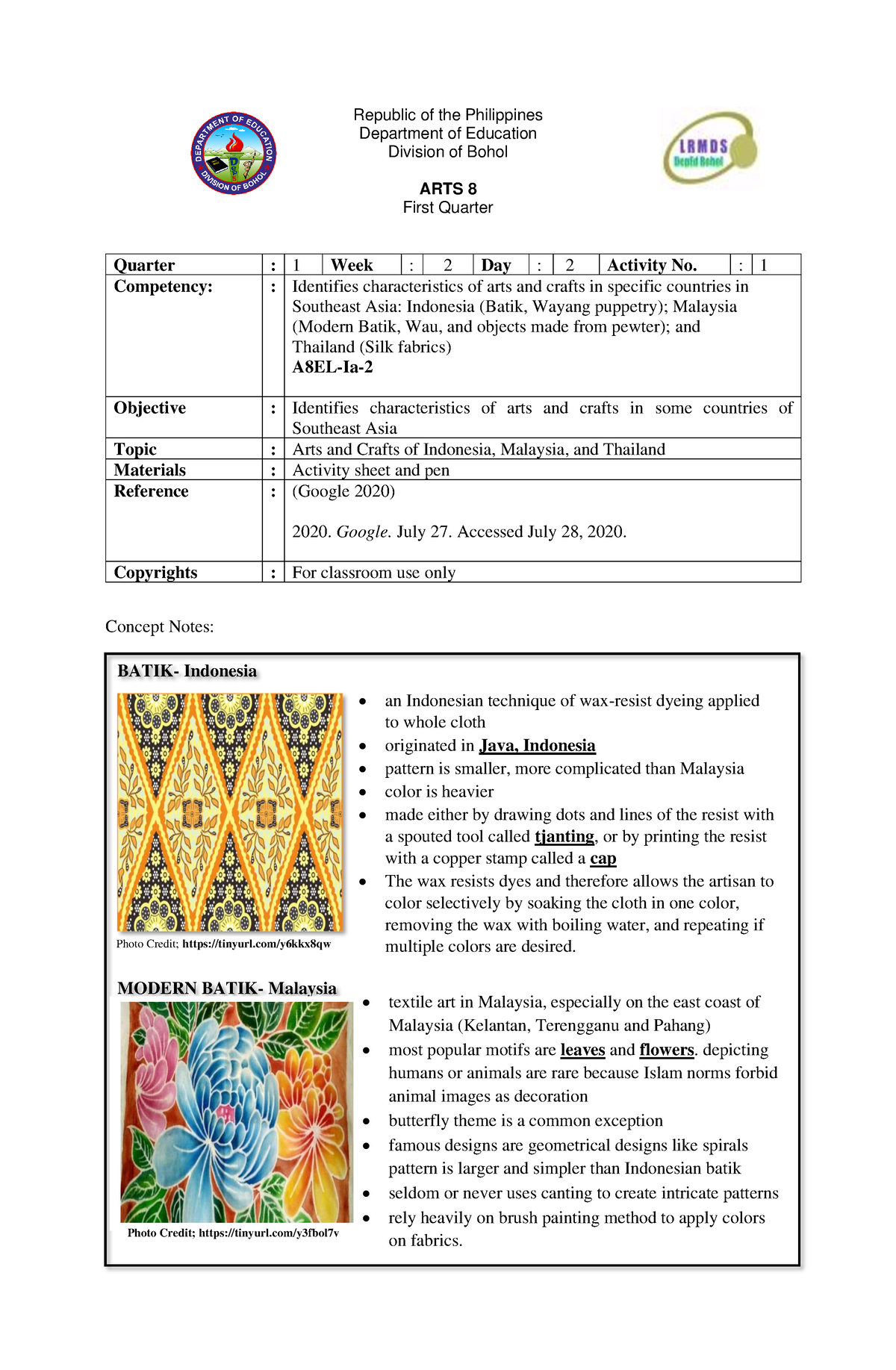 ARTS8 Q1 W2 - Iuyo[py7 - Republic Of The Philippines Department Of ...